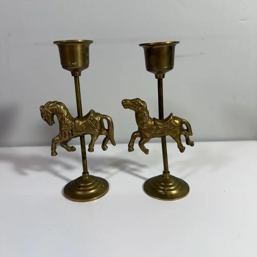 Vintage Brass Carousel Horse Ornate Candlesticks Taiwan 5 inch Candle Holders